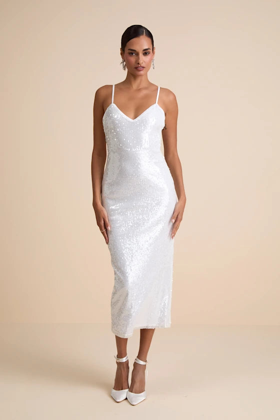 Cahya White Sequin Tie-Back Midi Dress