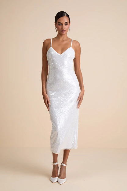 Cahya White Sequin Tie-Back Midi Dress