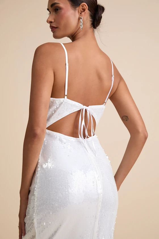 Cahya White Sequin Tie-Back Midi Dress