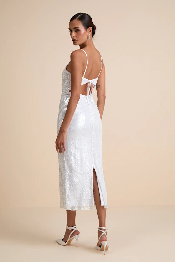 Cahya White Sequin Tie-Back Midi Dress
