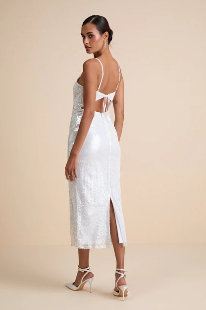 Cahya White Sequin Tie-Back Midi Dress