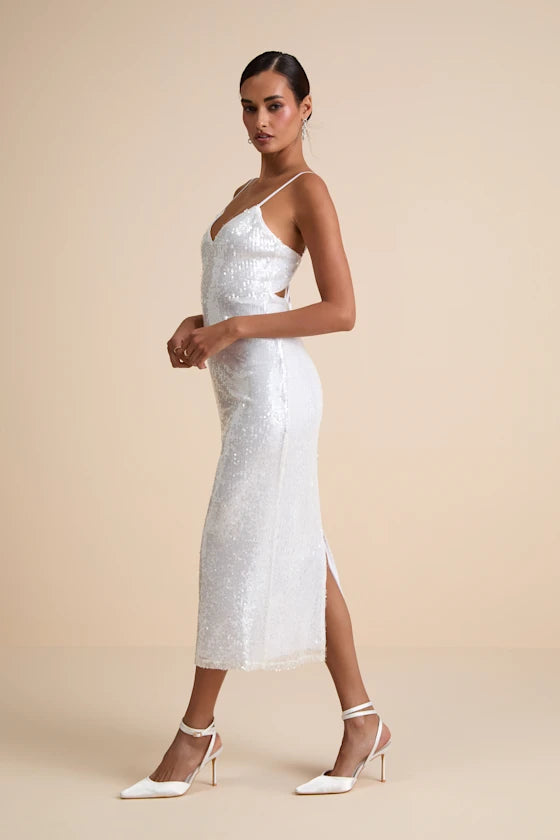 Cahya White Sequin Tie-Back Midi Dress