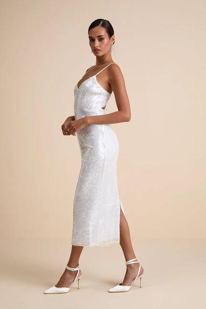 Cahya White Sequin Tie-Back Midi Dress