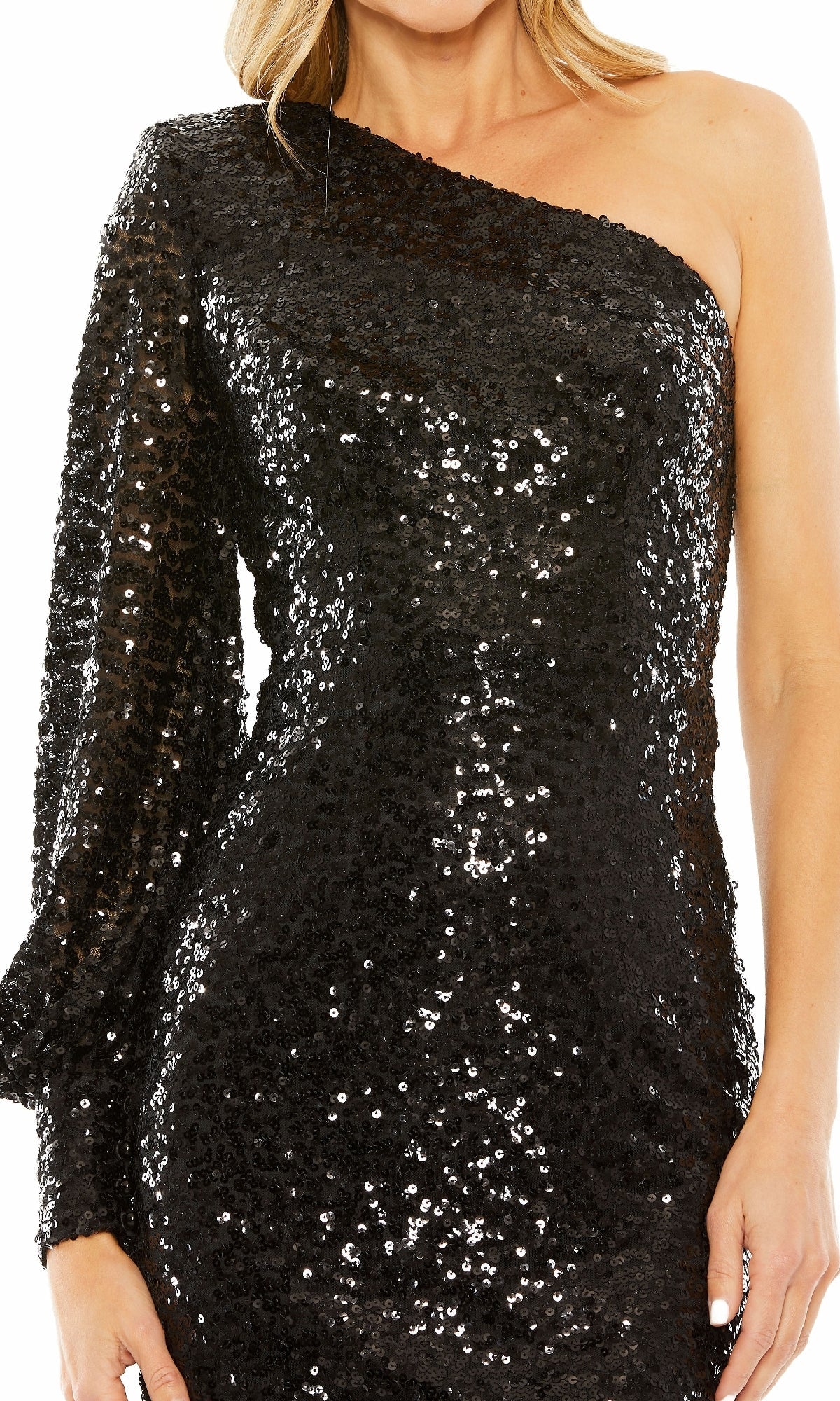 One-Sleeve Sequin Hoco Dress: Mac Duggal 27375