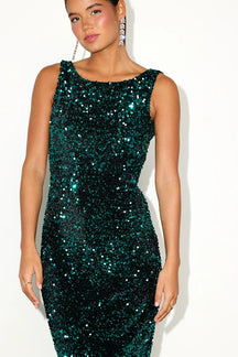 Oslah Emerald Velvet Sequin Cowl-Back Midi Dress