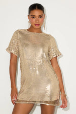 Covella Gold Sequin Short Sleeve Shift Mini Dress