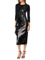 Dela Sequin Ruffle Three-Quarter Sleeve Midi-Dress