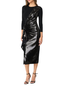 Dela Sequin Ruffle Three-Quarter Sleeve Midi-Dress