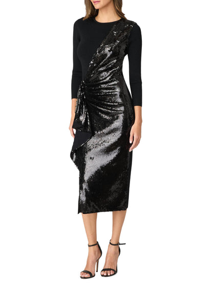 Dela Sequin Ruffle Three-Quarter Sleeve Midi-Dress