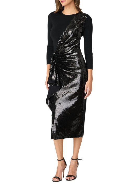 Dela Sequin Ruffle Three-Quarter Sleeve Midi-Dress