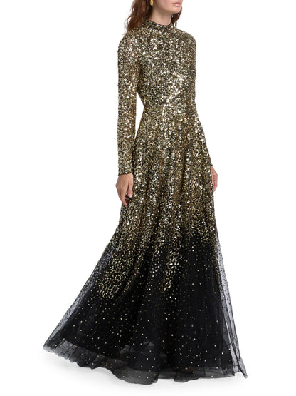 Ina Sequin-Embroidered Long-Sleeve Gown