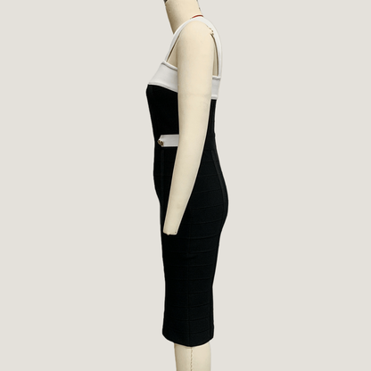 Black and White Color Block Metal Button Bandage Dress