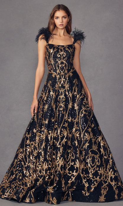 Feathered-Cap-Sleeve Long Sequin Prom Ball Gown 297