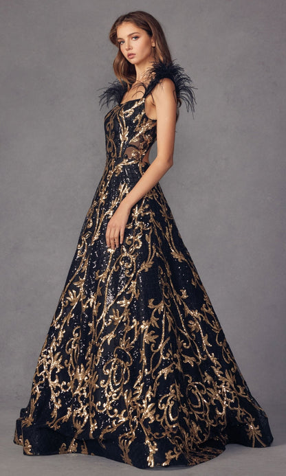 Feathered-Cap-Sleeve Long Sequin Prom Ball Gown 297