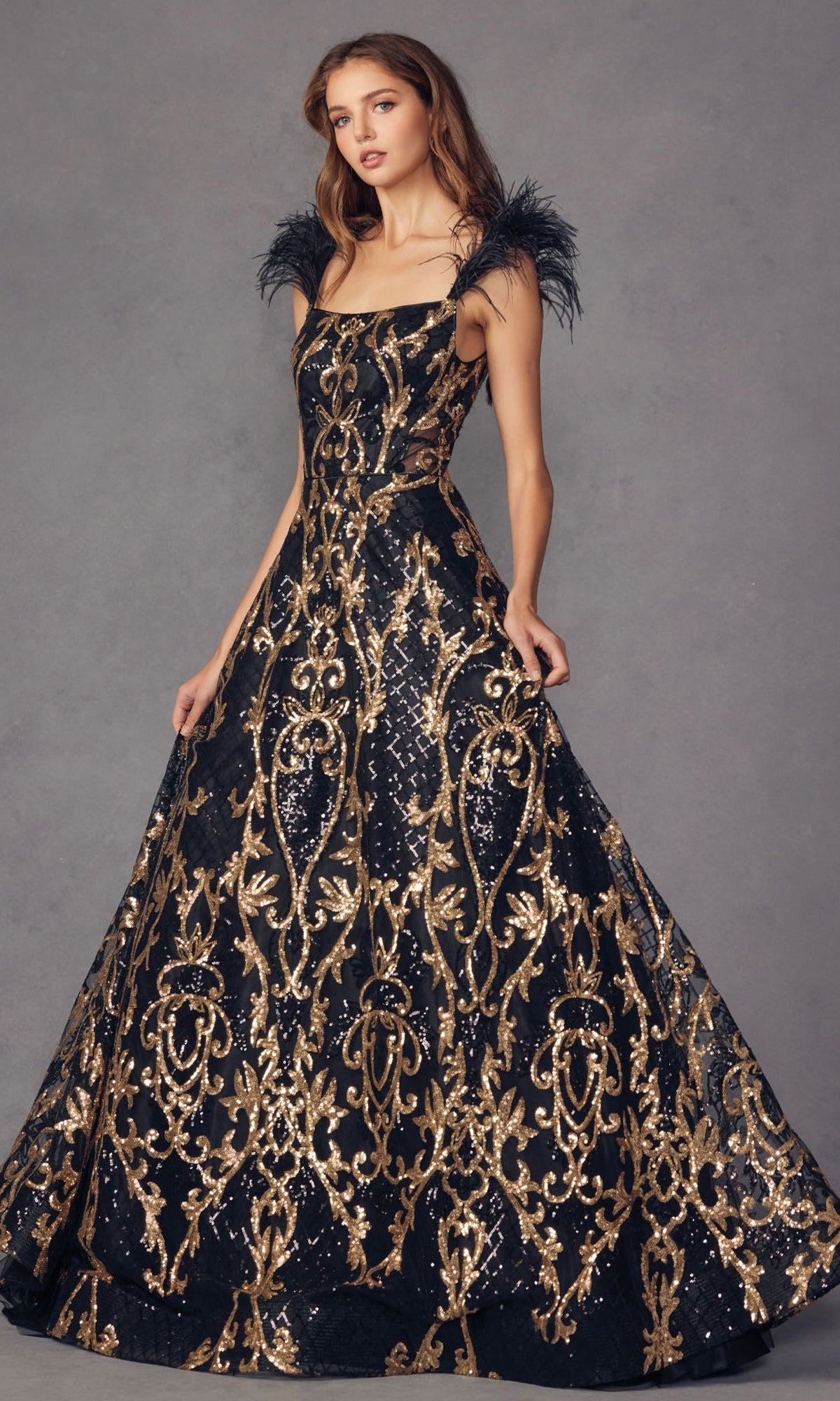 Feathered-Cap-Sleeve Long Sequin Prom Ball Gown 297