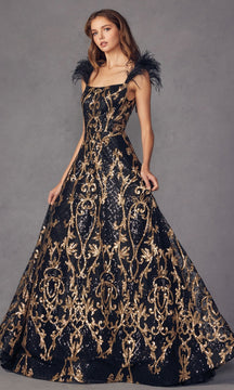 Feathered-Cap-Sleeve Long Sequin Prom Ball Gown 297