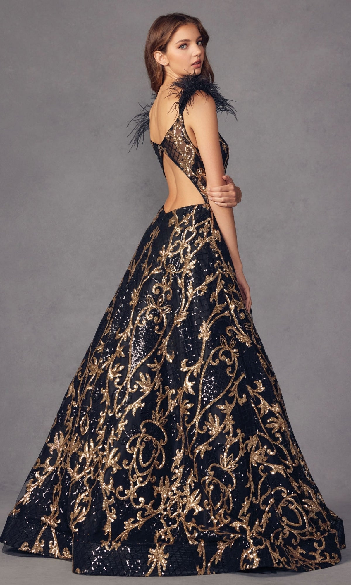 Feathered-Cap-Sleeve Long Sequin Prom Ball Gown 297