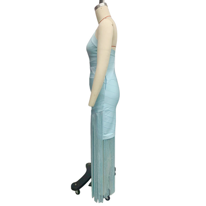 Mint Blue Spaghetti Strap V-Neck Tassel Bandage Dress