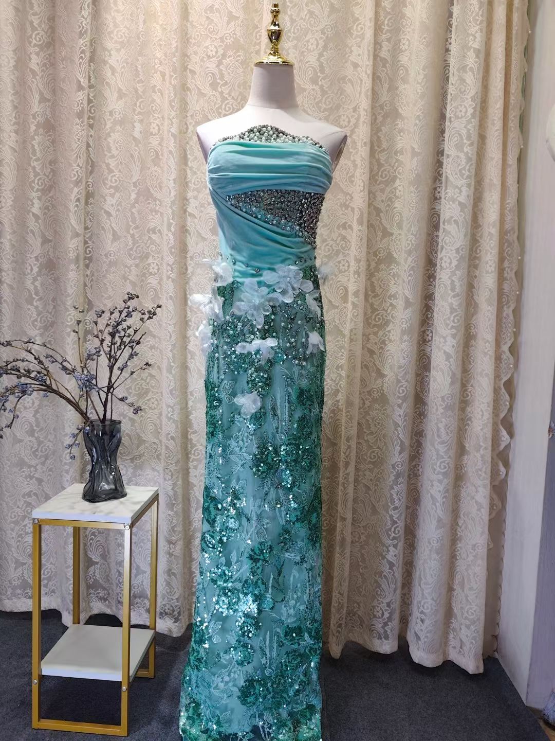 Heavy-embellished Velvet Evening Gown with 3D Floral Appliqués