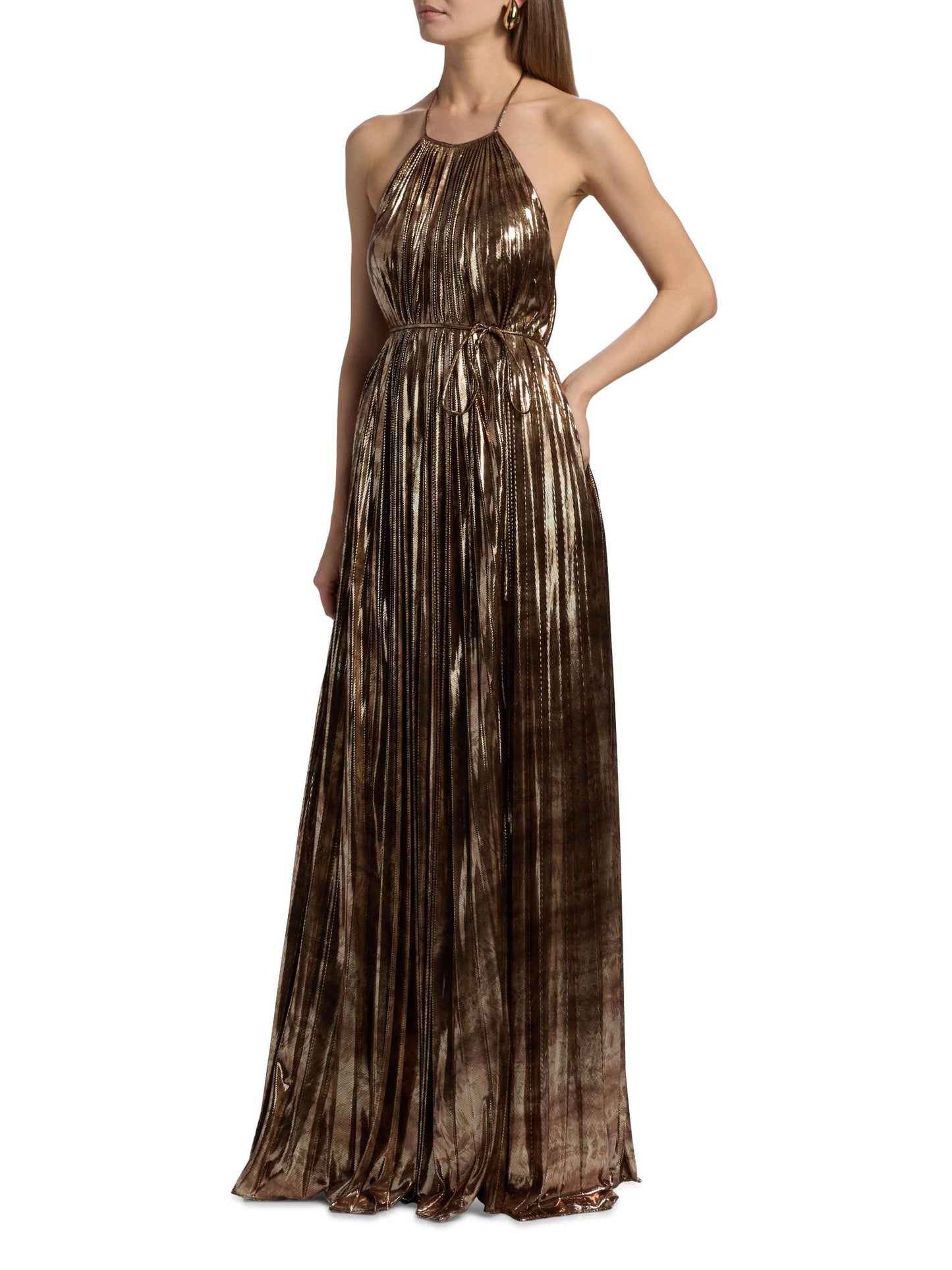 Maxine Metallic Plissé Halter Gown