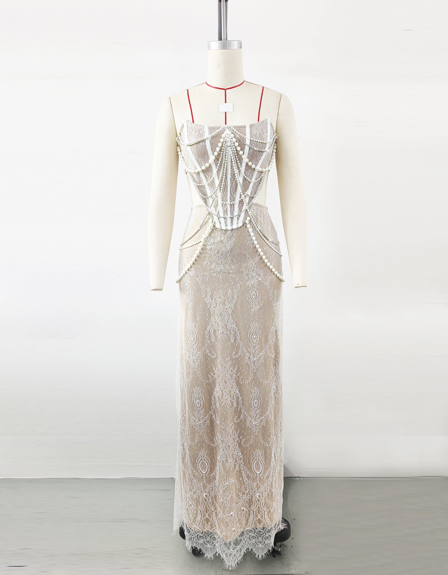 Pearl Chain Strapless Lace Cutout Evening Gown