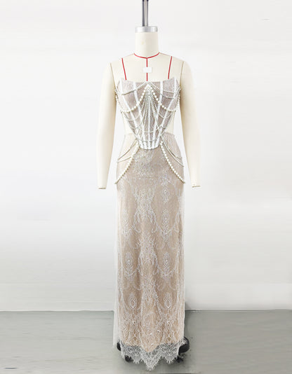 Pearl Chain Strapless Lace Cutout Evening Gown