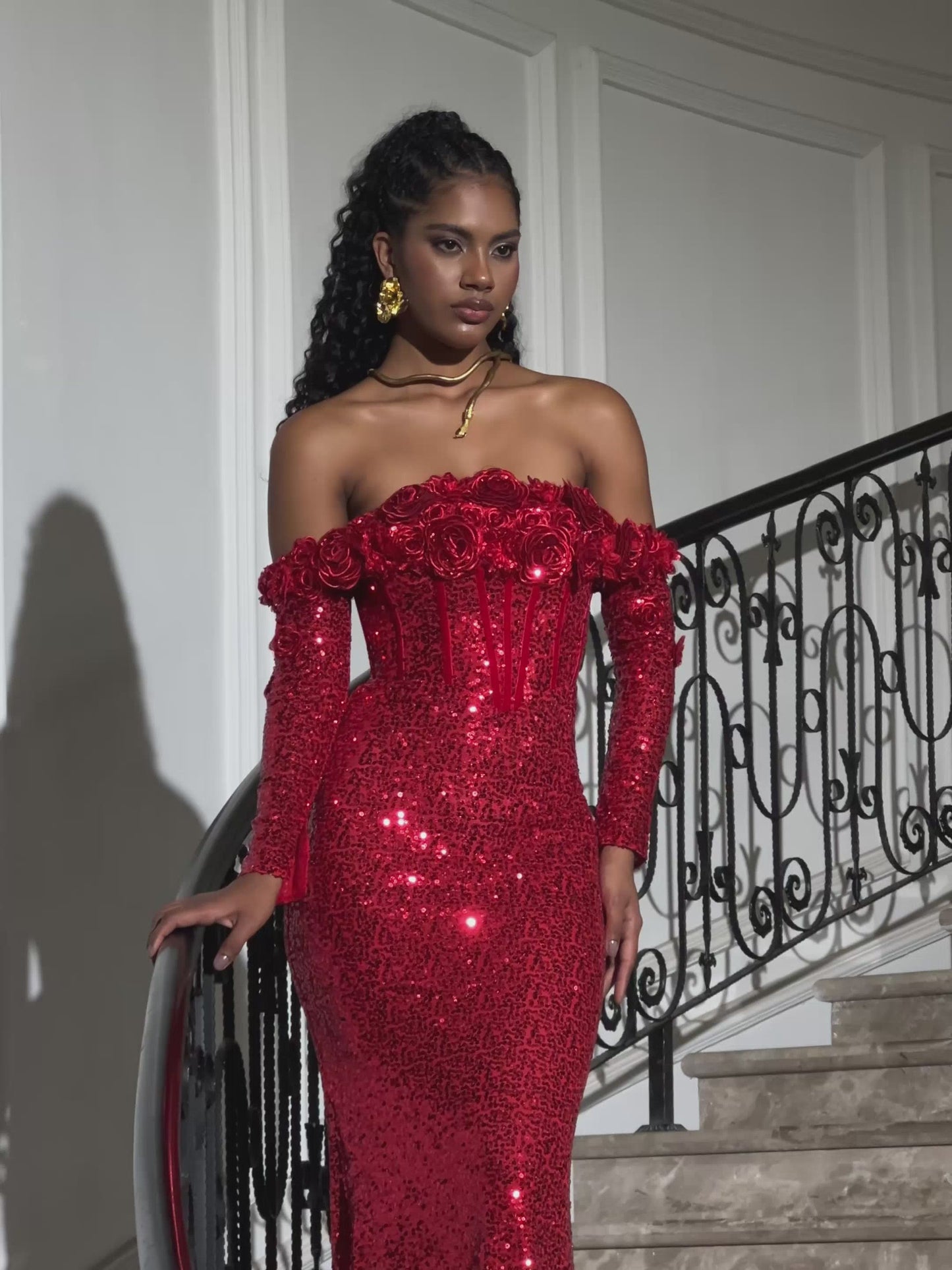 Catherynne Off Shoulder Flower Sequin Maxi Dress