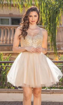 Sleeveless Sequin-Bodice Short Glitter Prom Dress