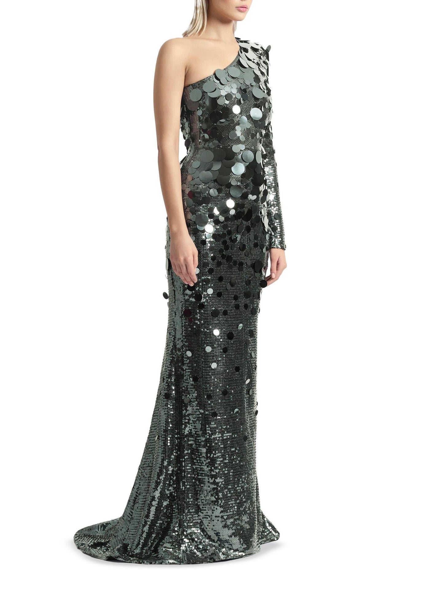 The Shimmer Is A Prism Sequined One-Shoulder Gown