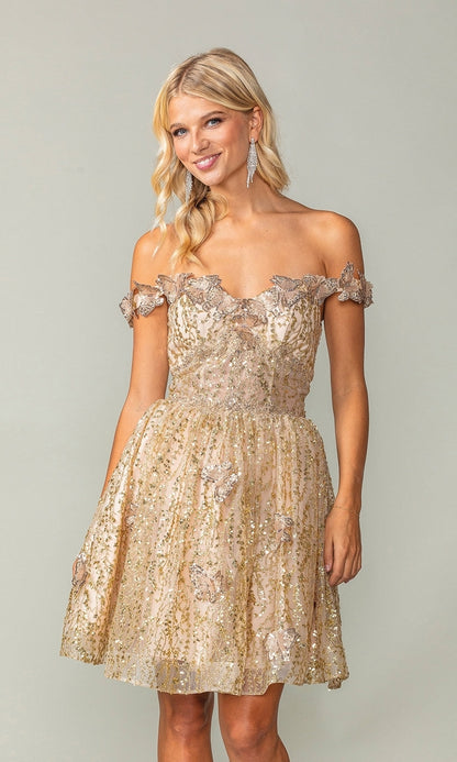 Glitter Short Gold Butterfly Homecoming Dress 3370