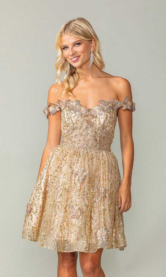 Glitter Short Gold Butterfly Homecoming Dress 3370