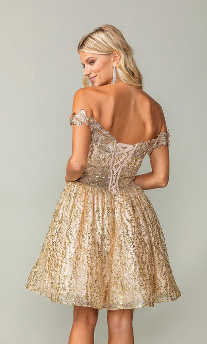 Glitter Short Gold Butterfly Homecoming Dress 3370