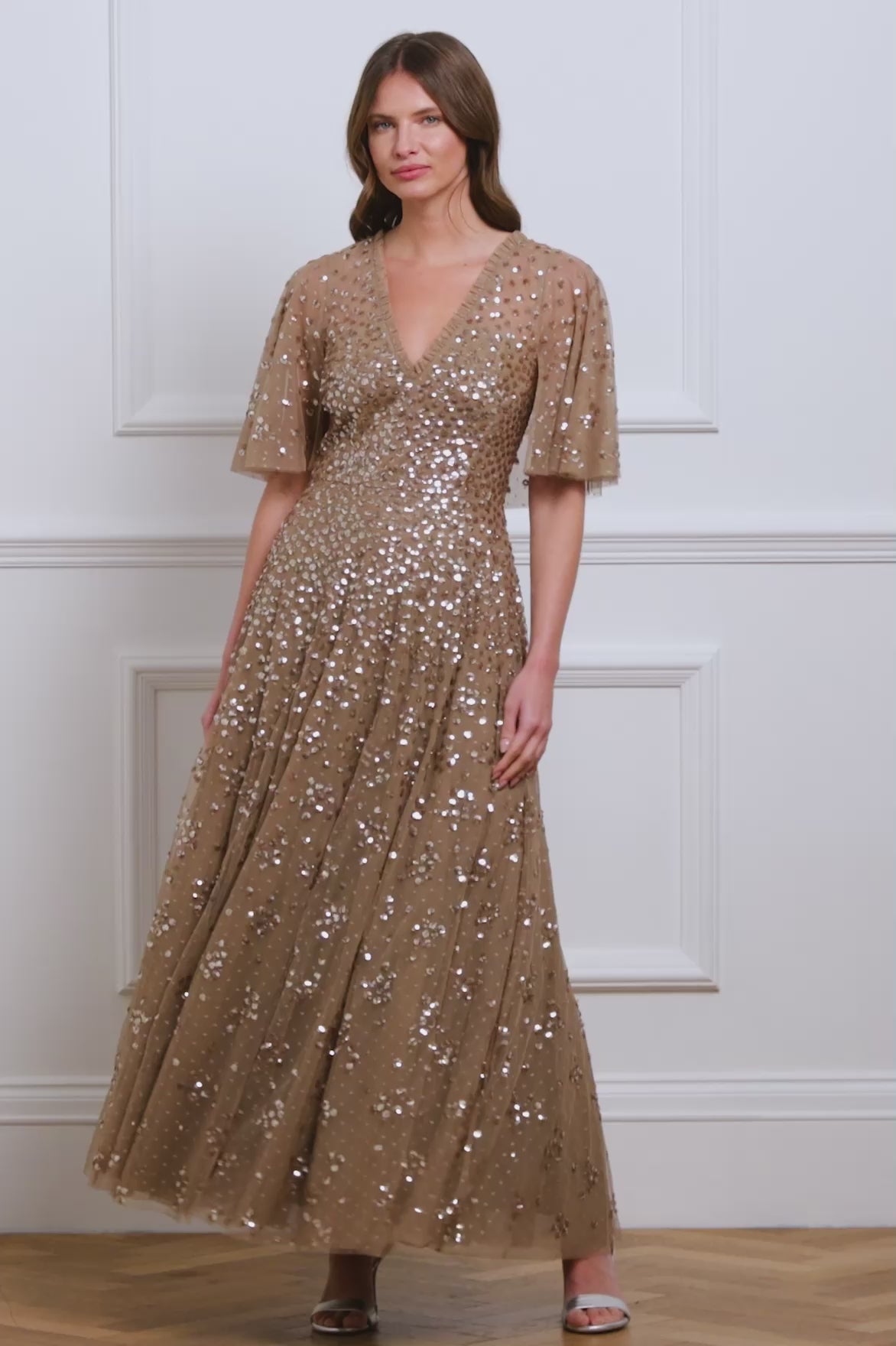 Leila Dot V-Neck Cape Ankle Gown