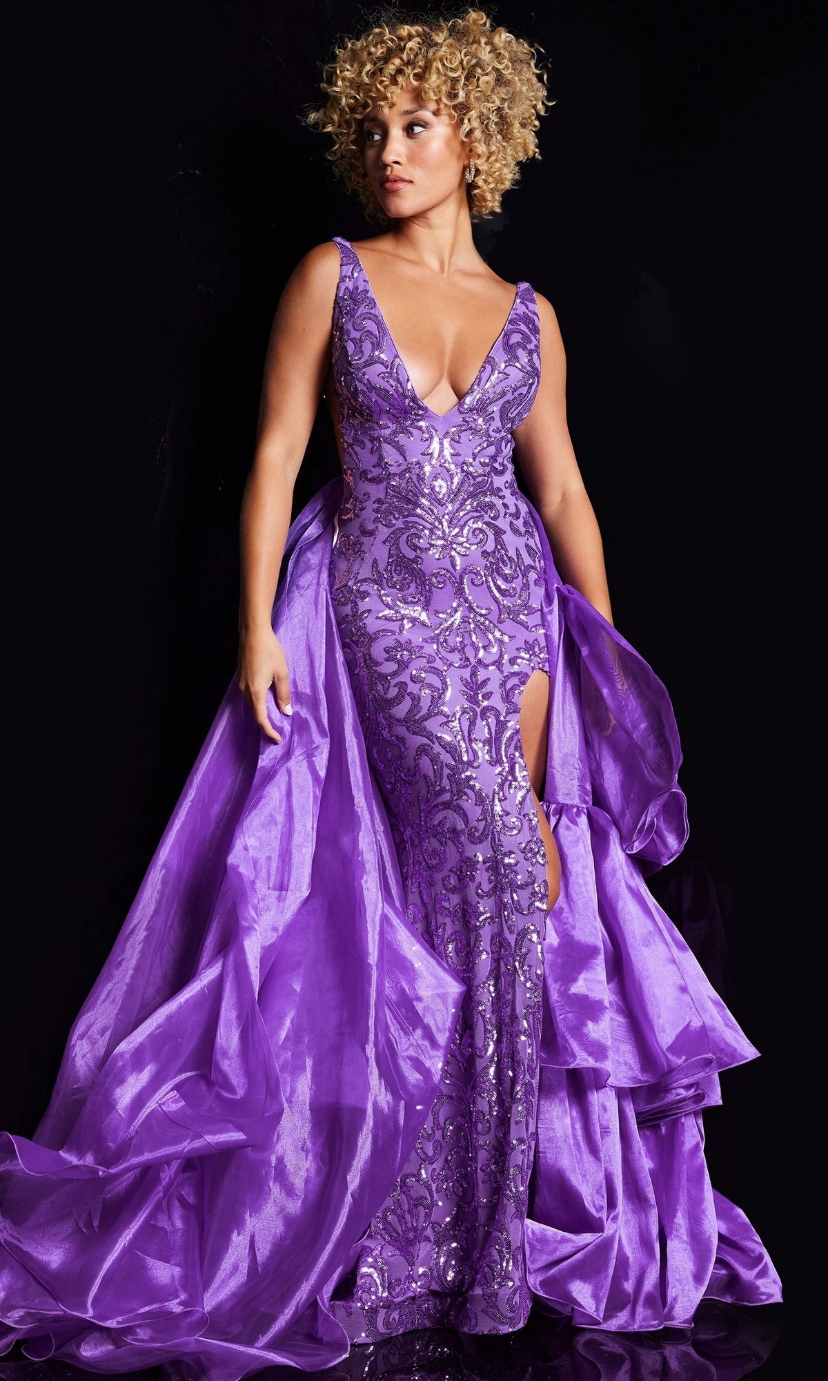 Jovani Ruffled Long Sequin-Print Prom Dress 38336