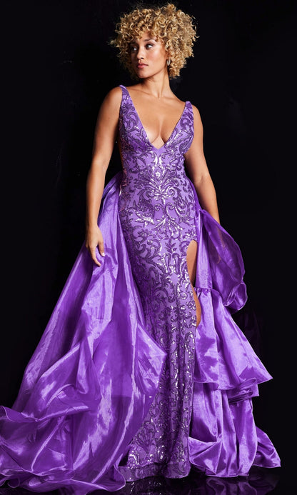 Jovani Ruffled Long Sequin-Print Prom Dress 38336