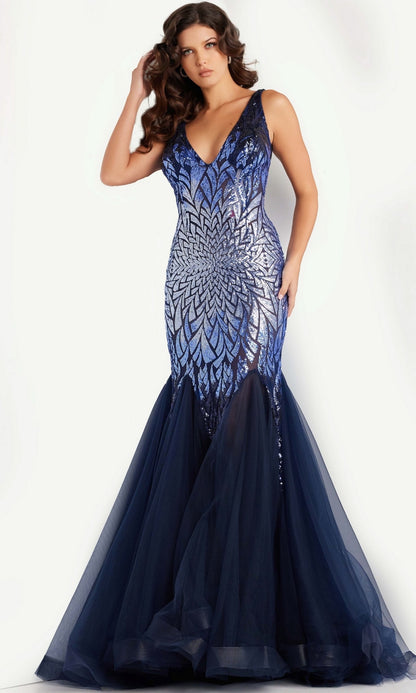 Jovani Sequin-Print Long Navy Prom Dress 38373