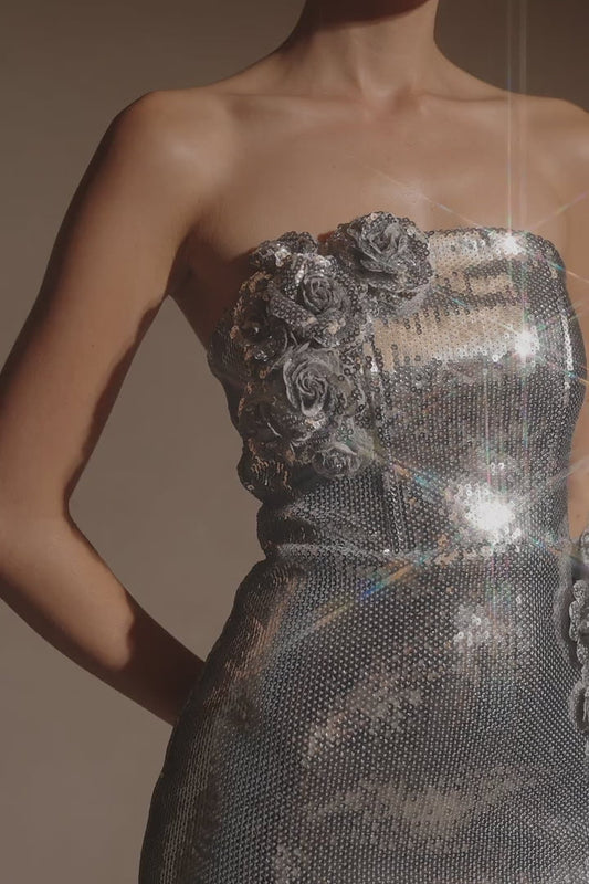 Cassia Strapless Sequin Rose Midi Dress - Silver