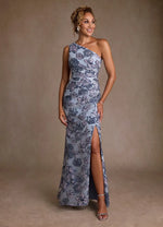 Dusty Blue Jacquard Trumpet One Shoulder Floral Jacquard Dress