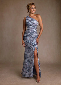 Dusty Blue Jacquard Trumpet One Shoulder Floral Jacquard Dress