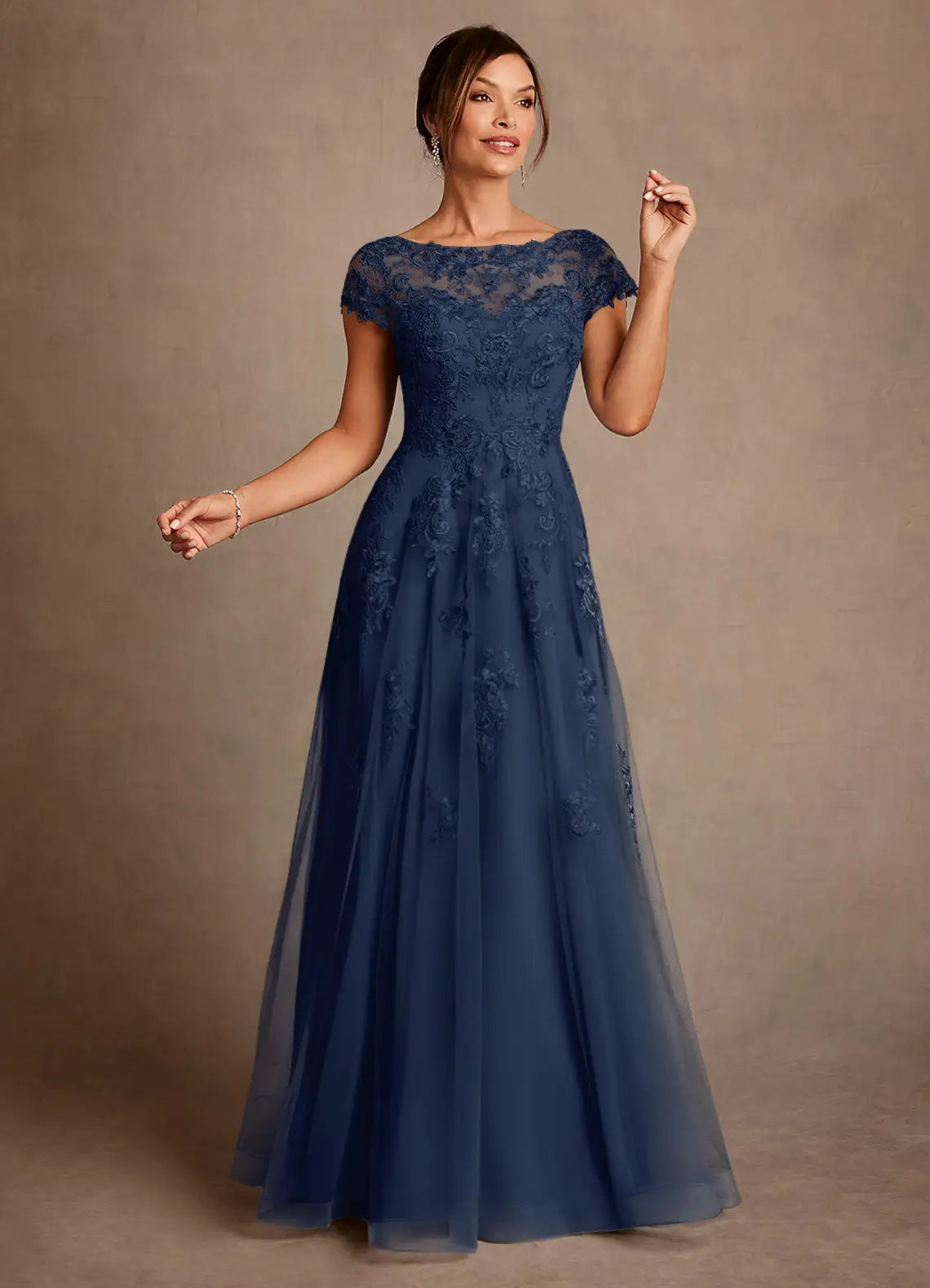 Dark Navy A-Line Lace Chiffon Dress