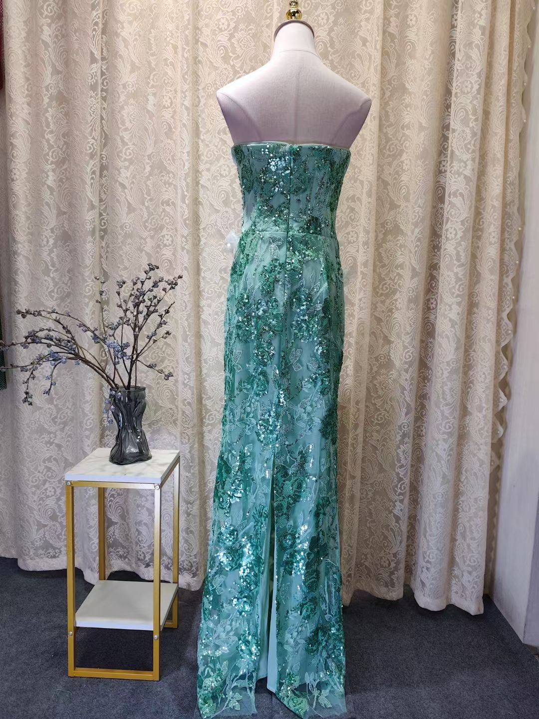 Heavy-embellished Velvet Evening Gown with 3D Floral Appliqués
