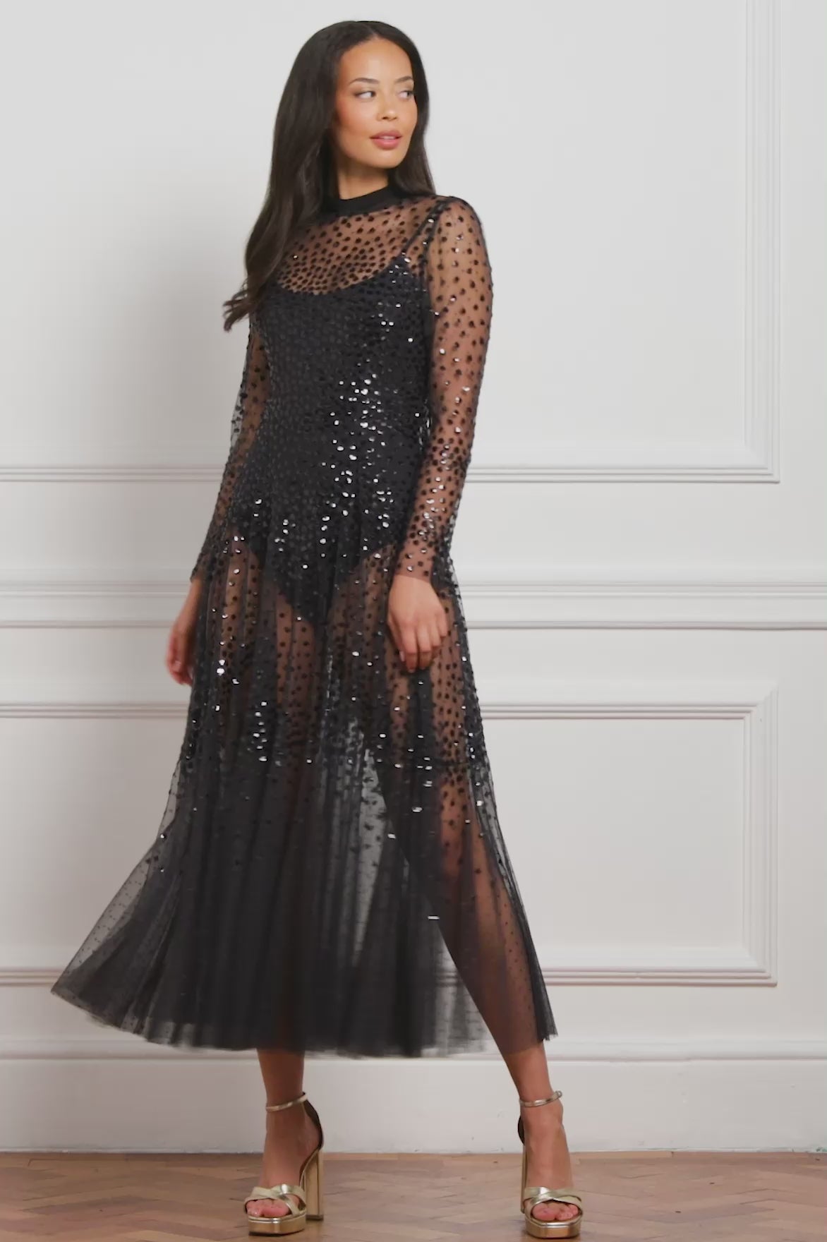 Scallop Sequin Sheer Bow Ankle Gown
