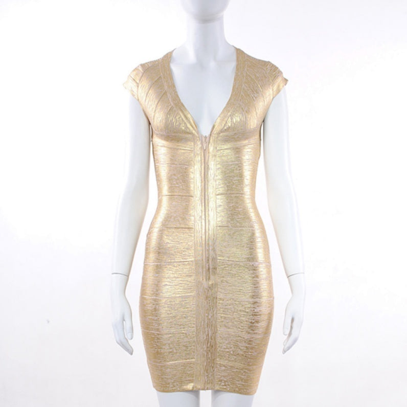 Gold V-Neck Bandage Dress, Sexy Hot Girl Evening Wear