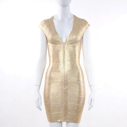 Gold V-Neck Bandage Dress, Sexy Hot Girl Evening Wear