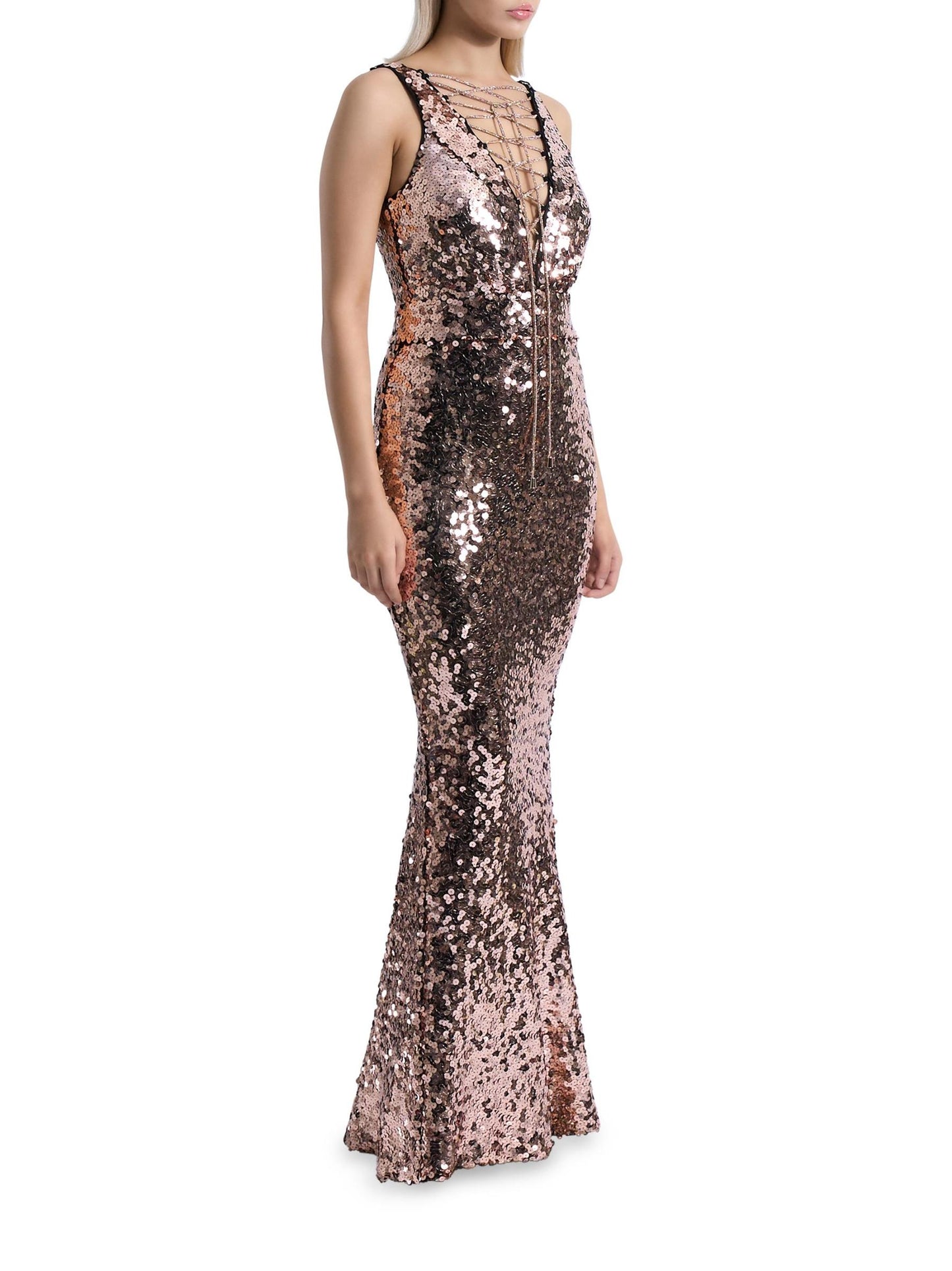 Double Star Stretch Sequin Lace-Up Gown