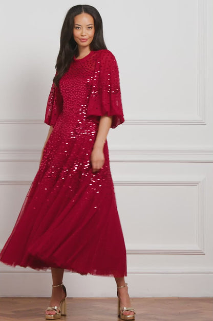 Scallop Sequin Round Neck Ankle Gown