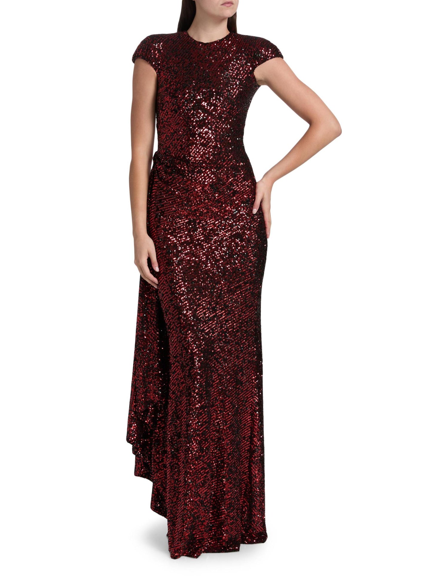 Sequined Draped Cap-Sleeve Gown