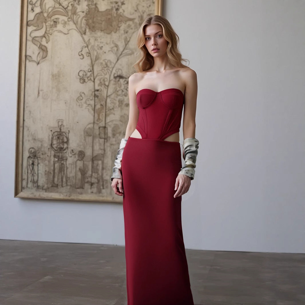 Strapless Mesh Cutout Waist Bandage Dress