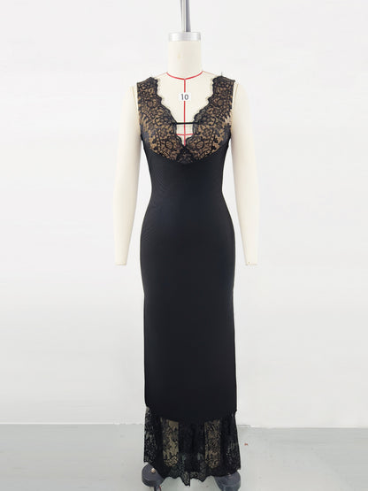V-Neck Lace Panel Spaghetti Strap Bandage Dress