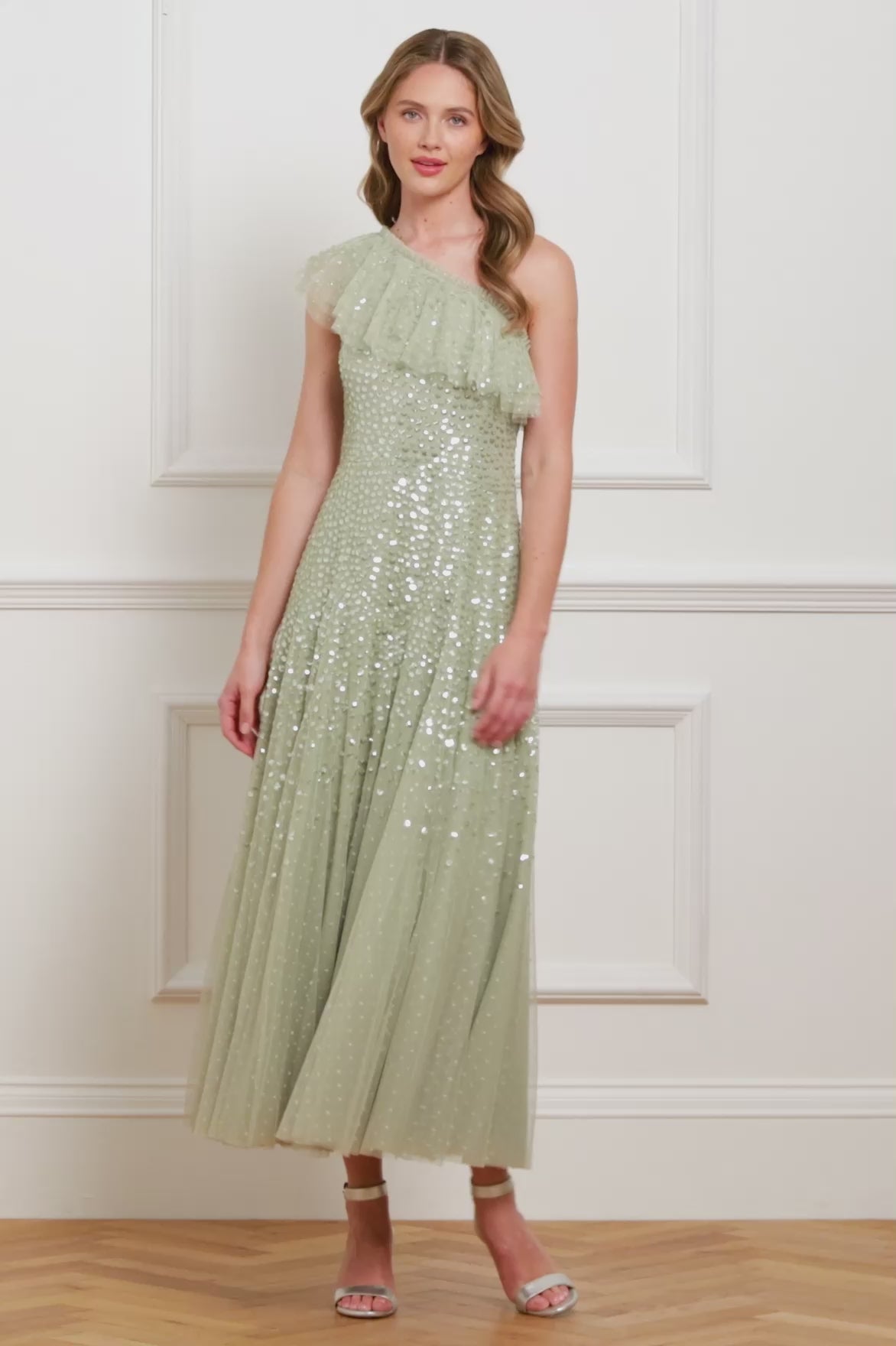 Dappled Sequin One-Shoulder Ankle Gown